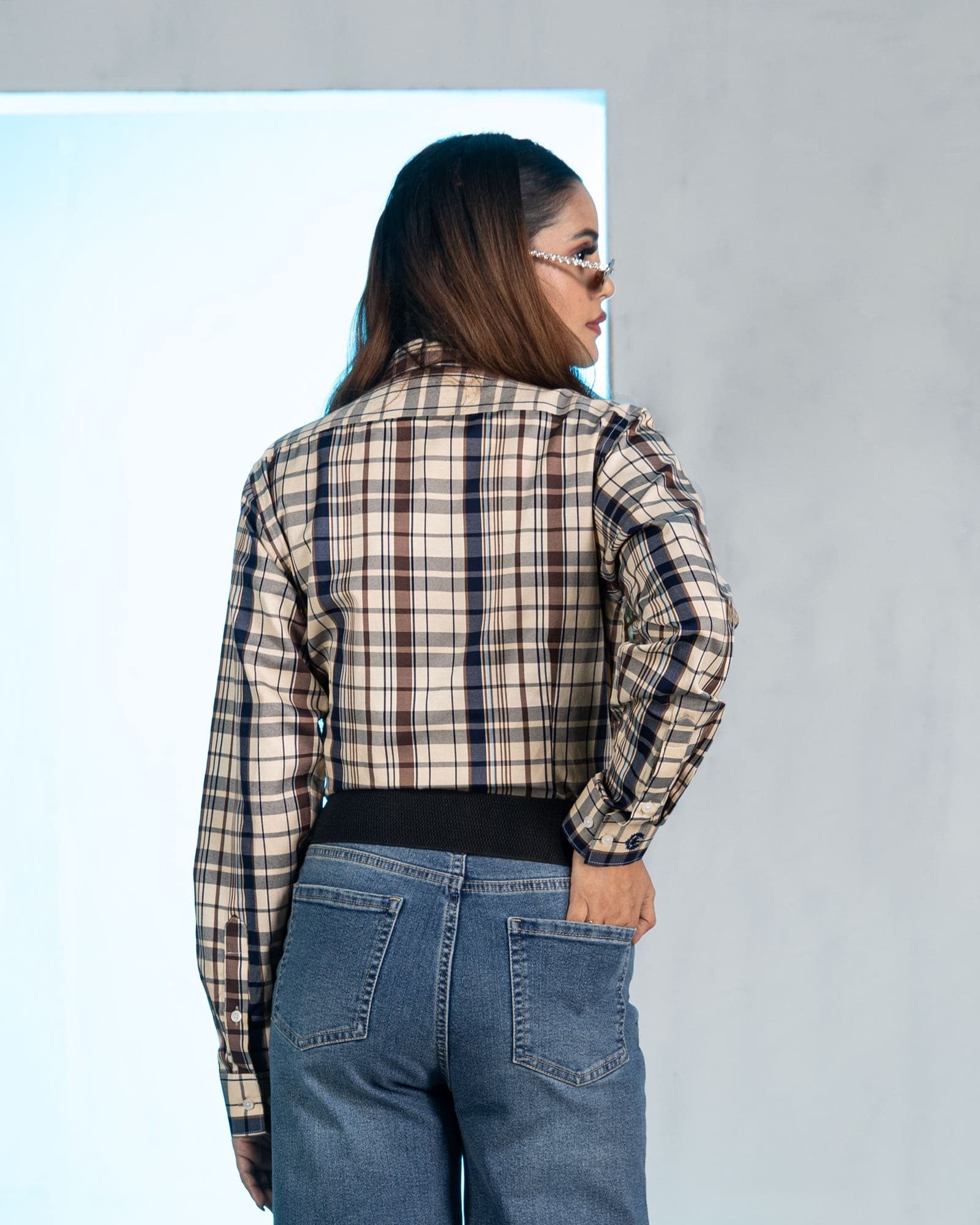 Elan Navy Blue Check Cotton Women Shirt