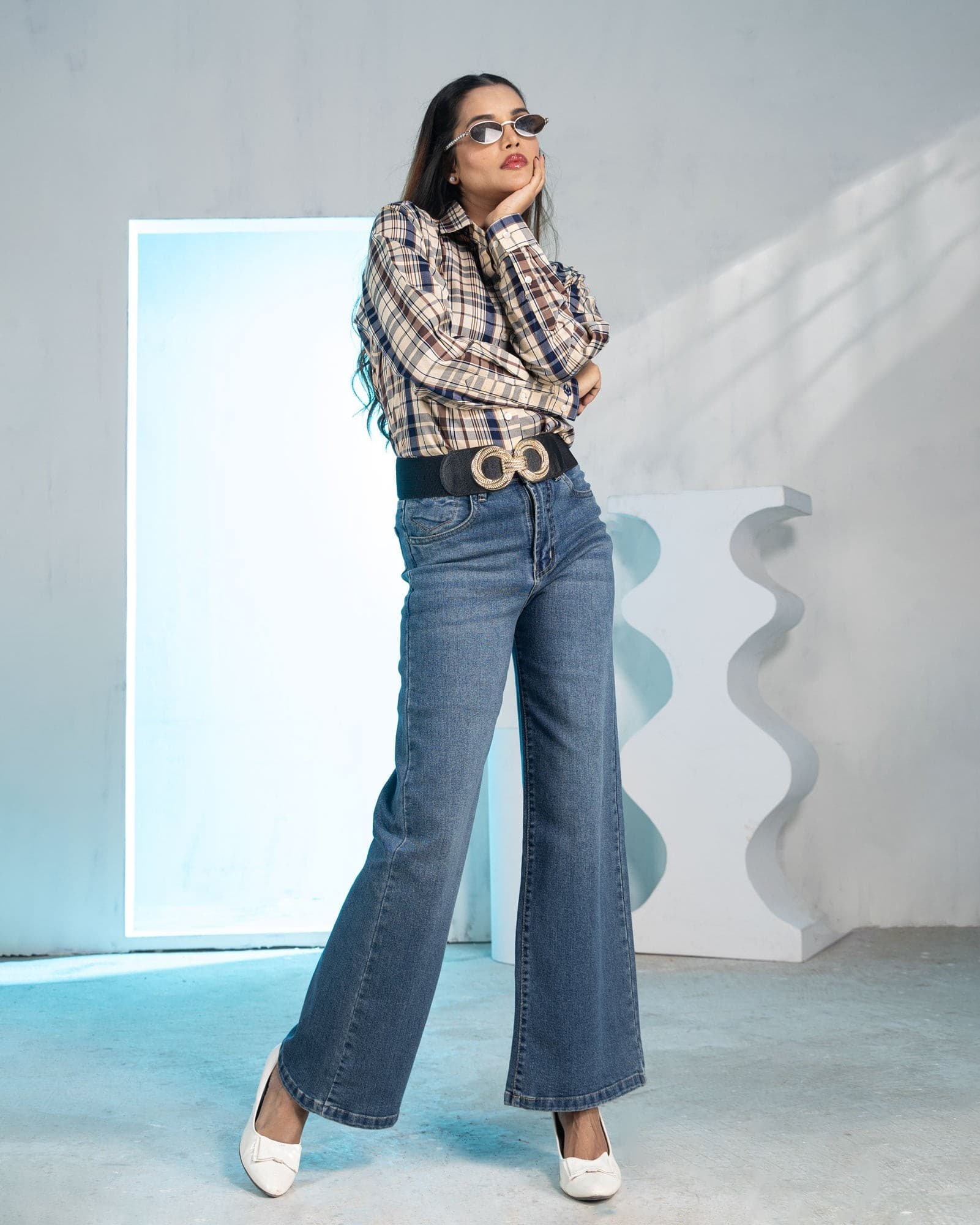Elan Navy Blue Check Cotton Women Shirt