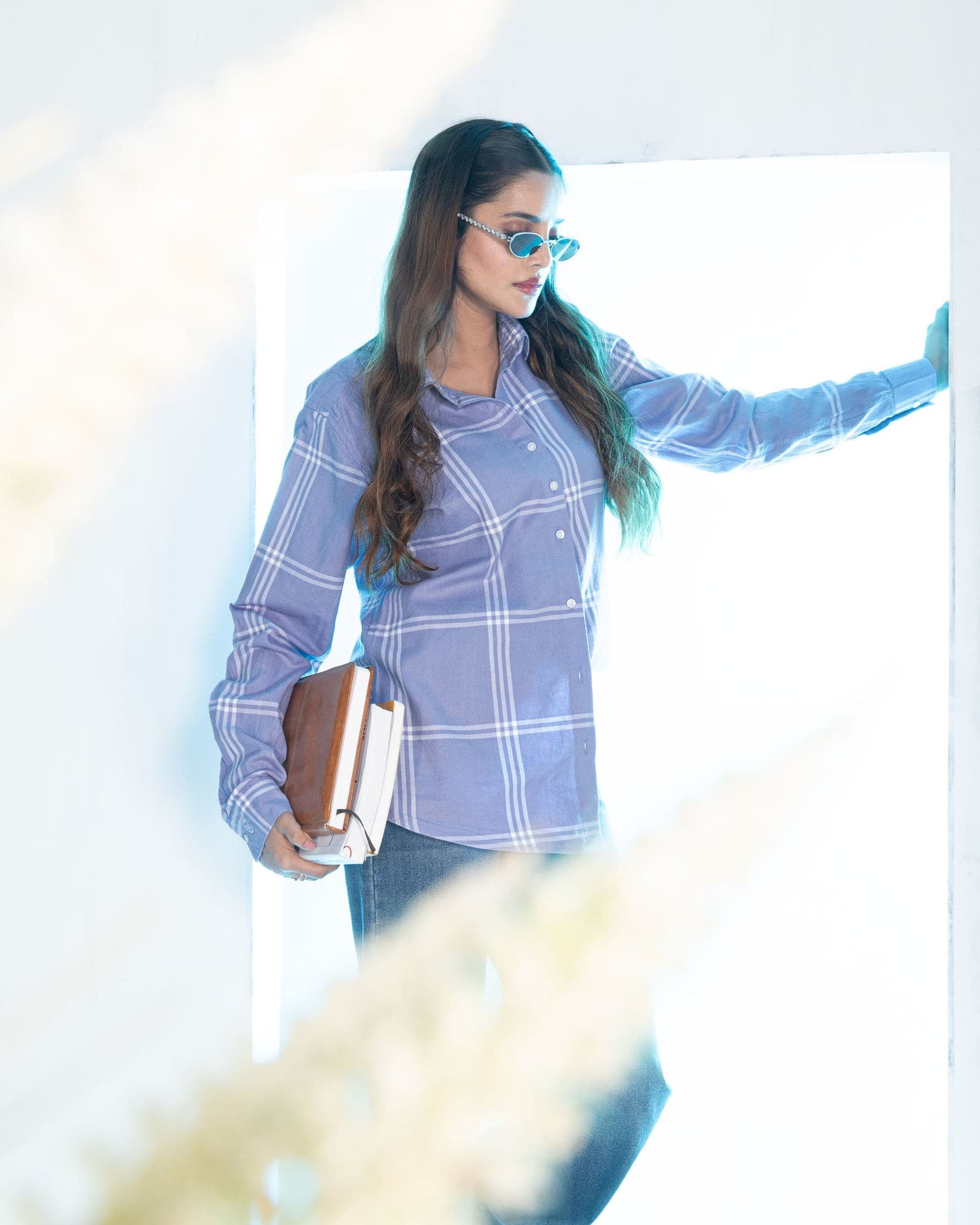 Elan Lavender Check Cotton Women Shirt