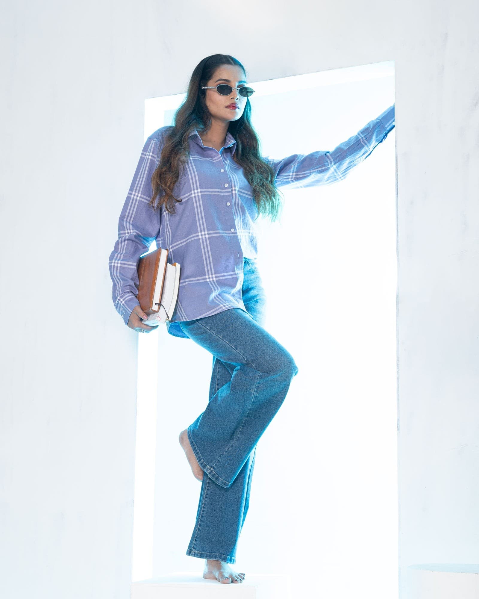 Elan Lavender Check Cotton Women Shirt