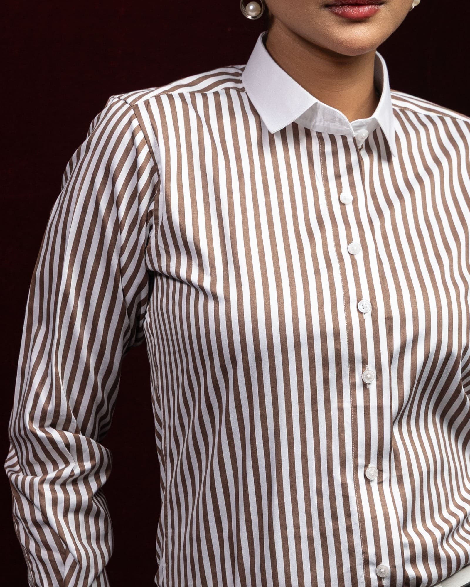 Silhouette Brown Stripes Cotton Women Shirt
