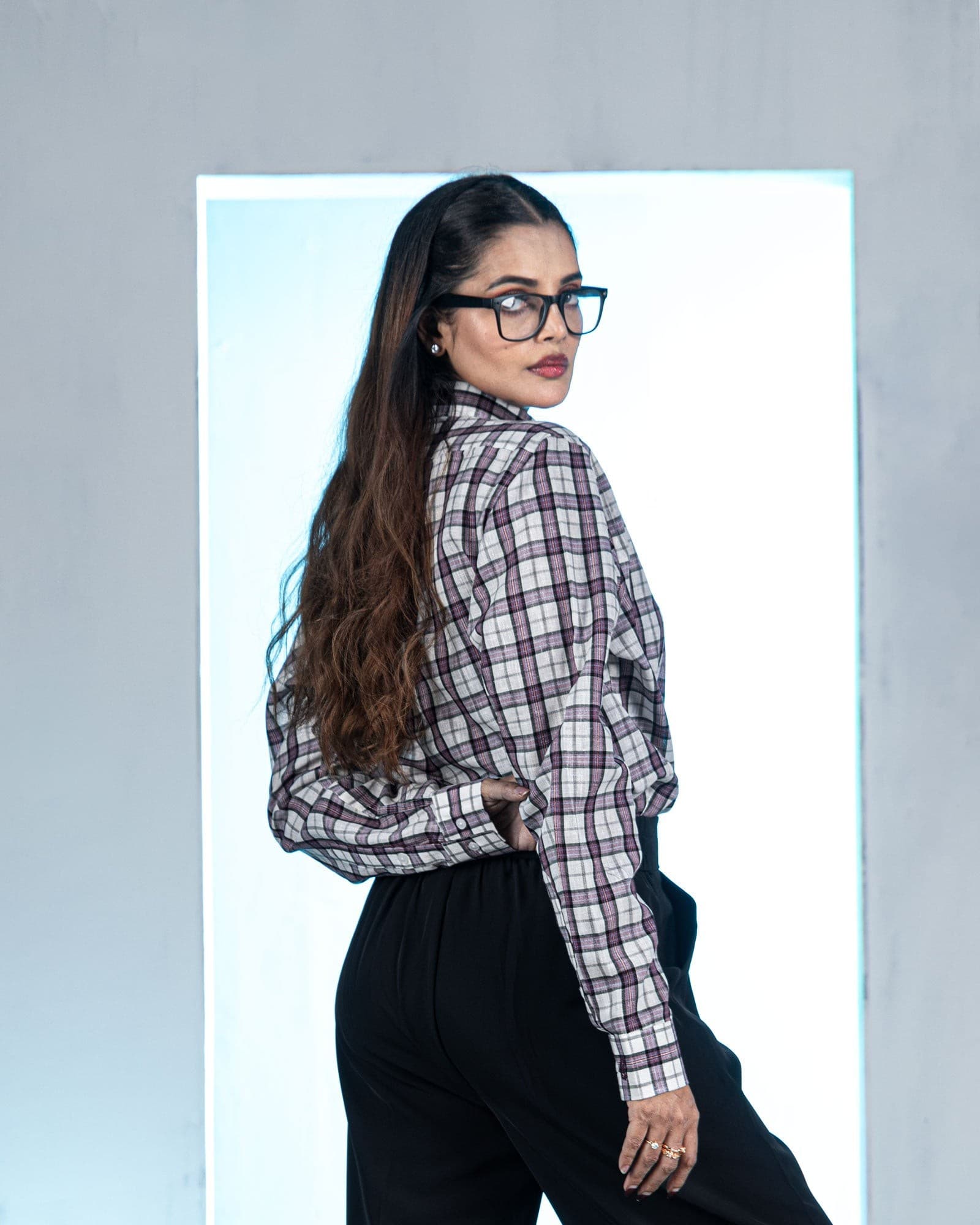 Elan Purple Check Linen Women Shirt