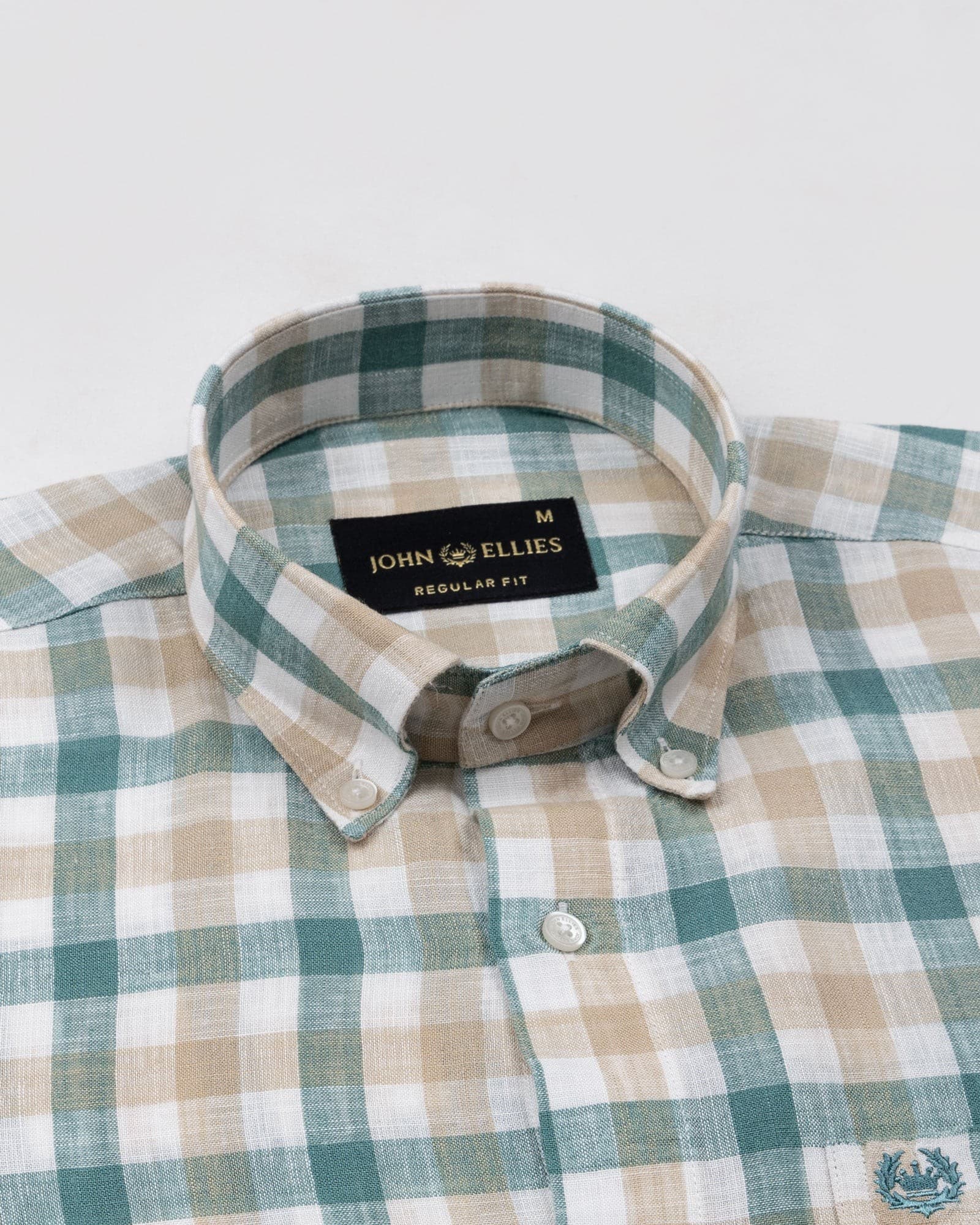Qevan Beige And Green Check Button Down Linen Shirt