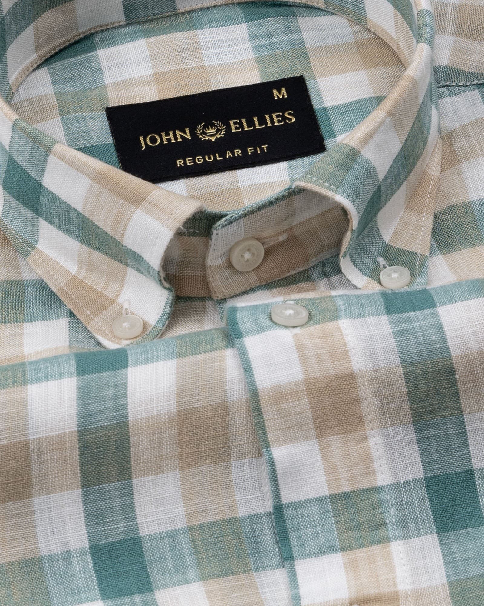 Qevan Beige And Green Check Button Down Linen Shirt