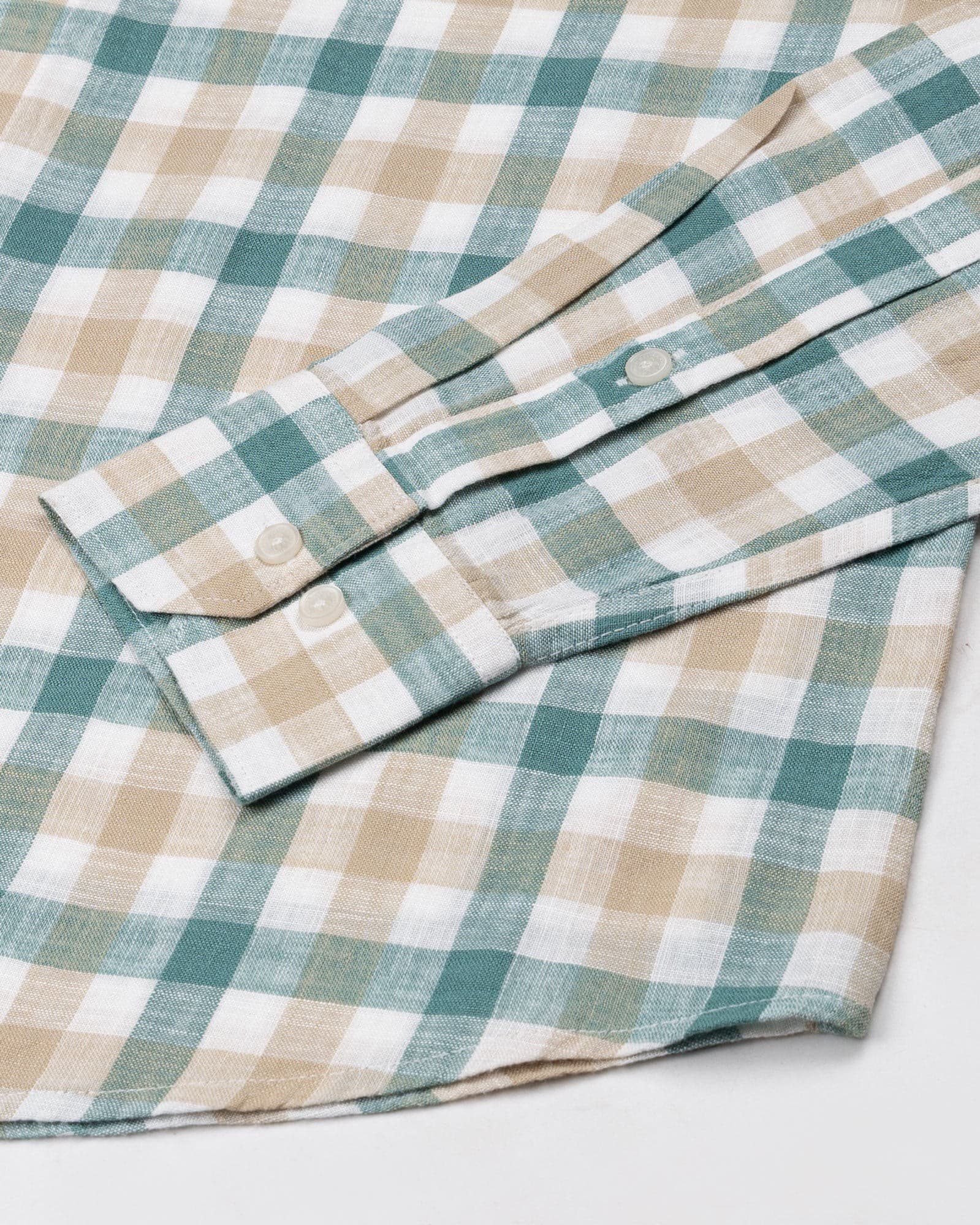 Qevan Beige And Green Check Button Down Linen Shirt