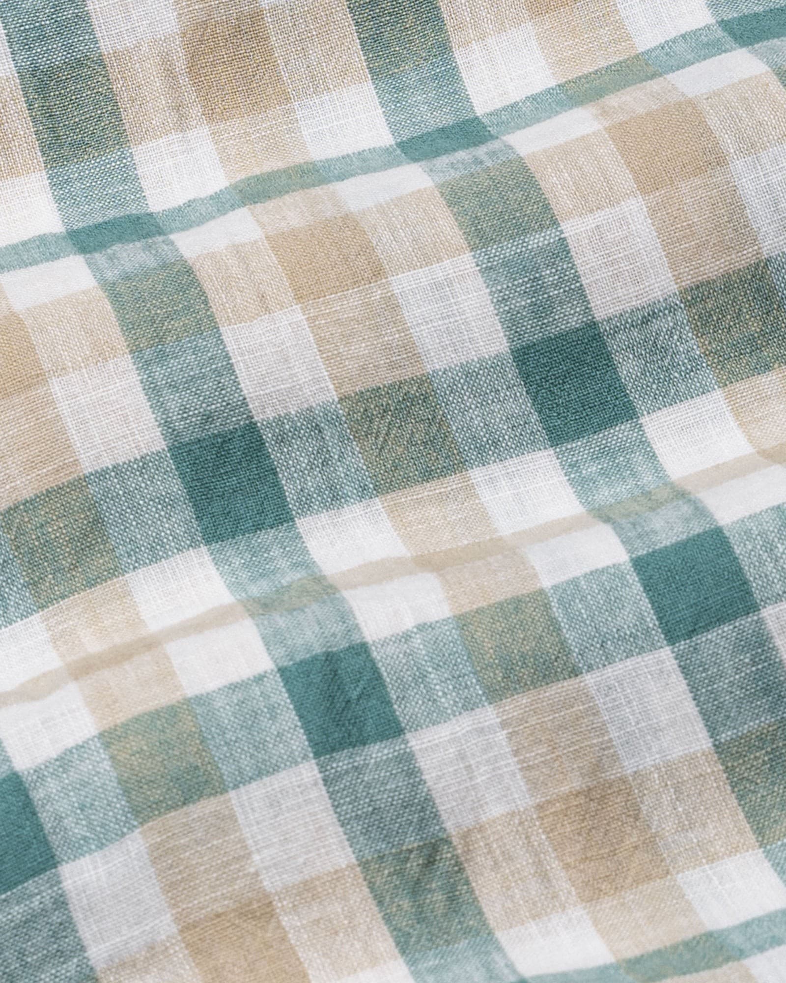 Qevan Beige And Green Check Button Down Linen Shirt