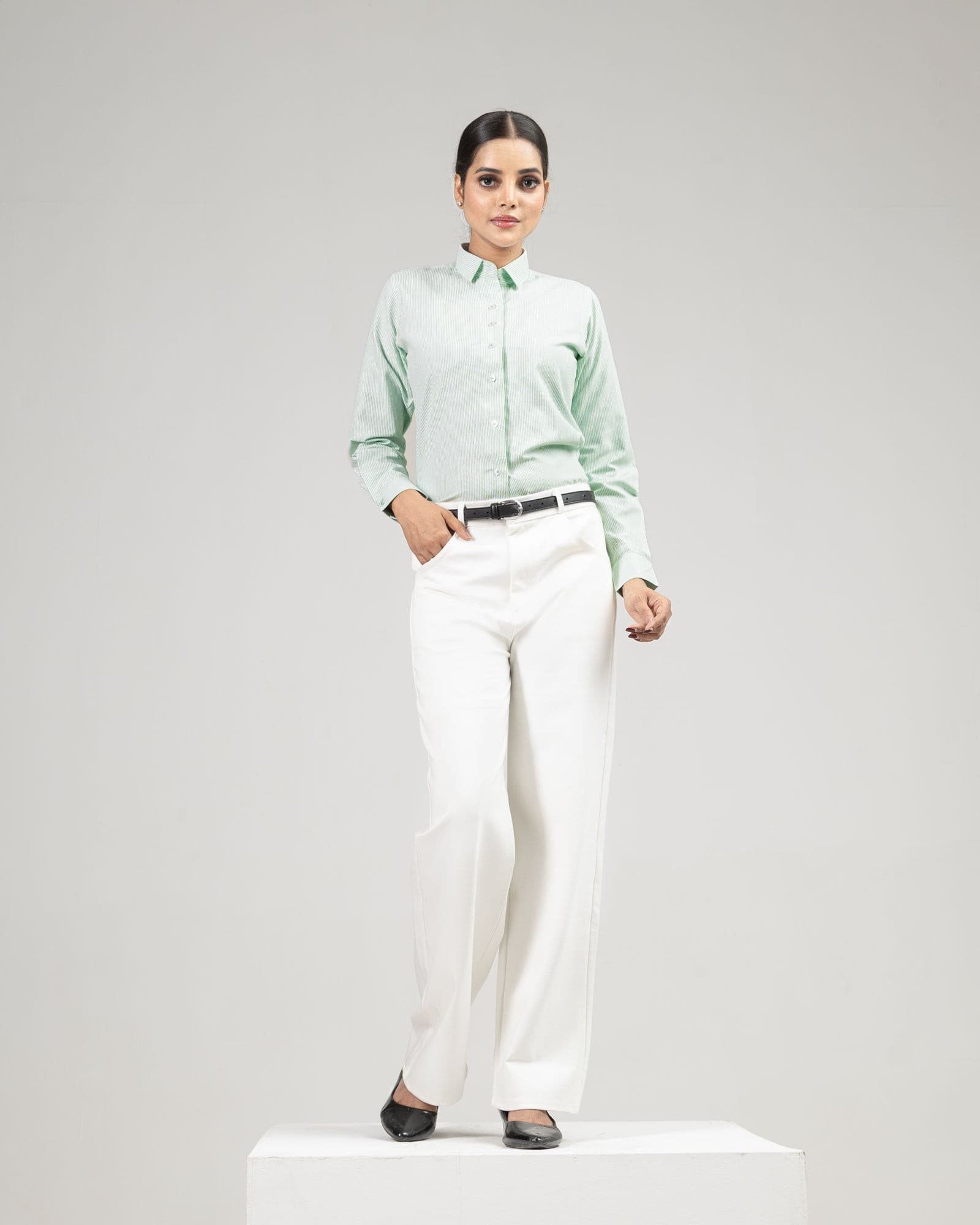 Strata Green Stripes Oxford Cotton Women Shirt
