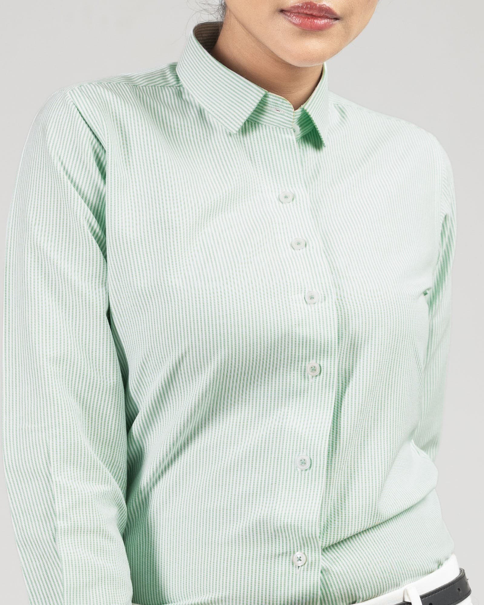 Strata Green Stripes Oxford Cotton Women Shirt