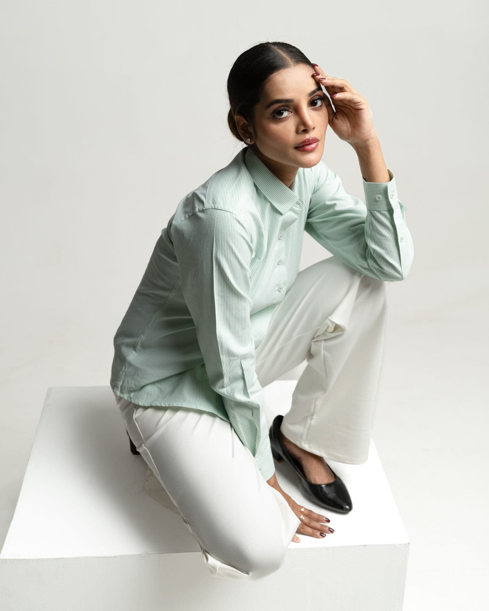 Strata Green Stripes Oxford Cotton Women Shirt