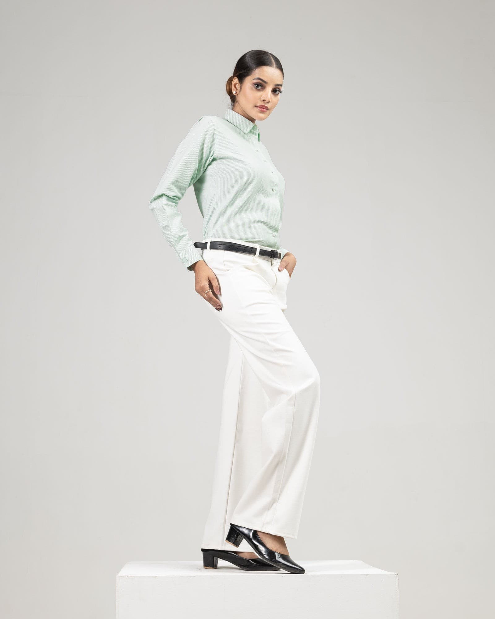 Strata Green Stripes Oxford Cotton Women Shirt