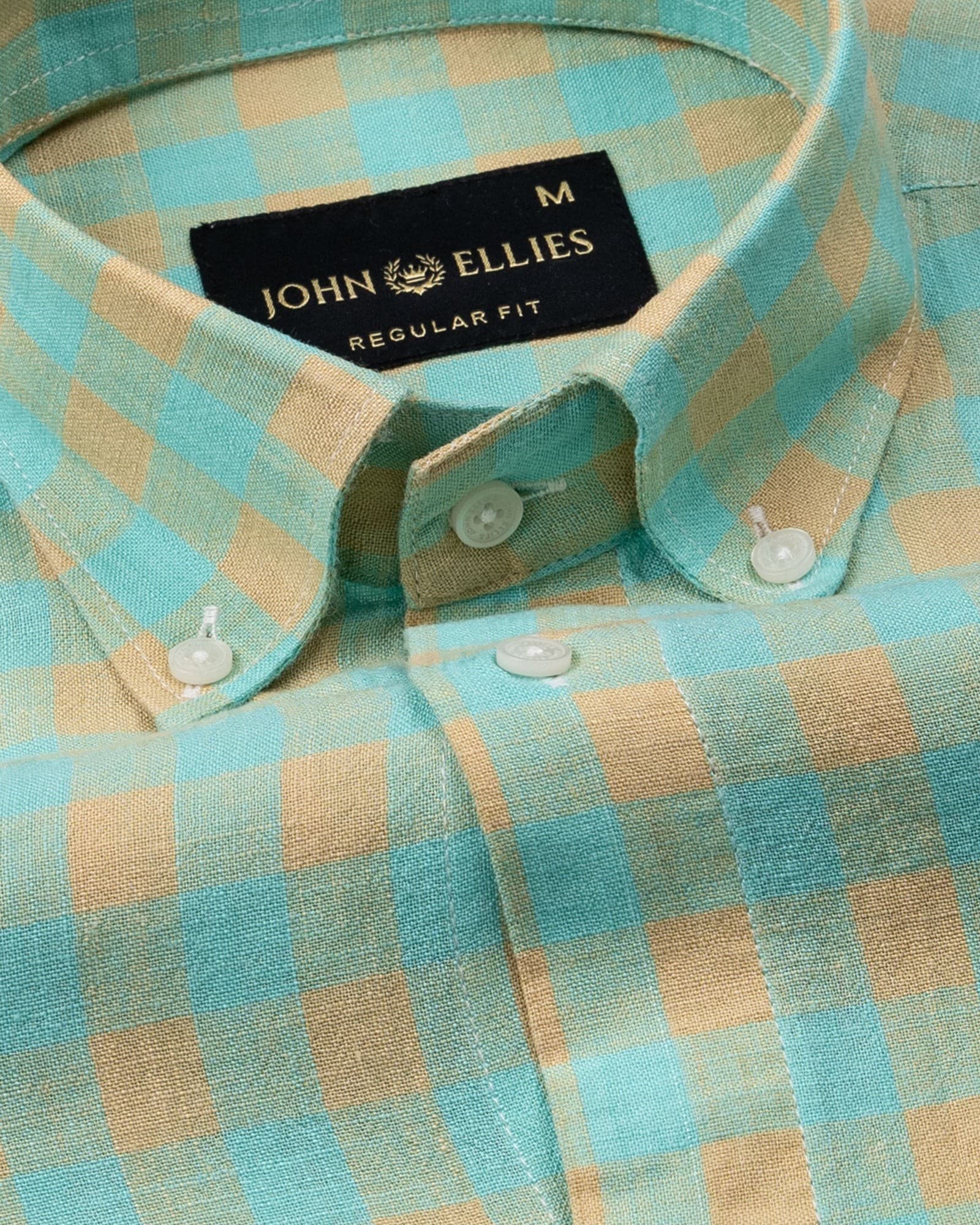 Qevan Lime With Gold Check Button Down Linen Shirt