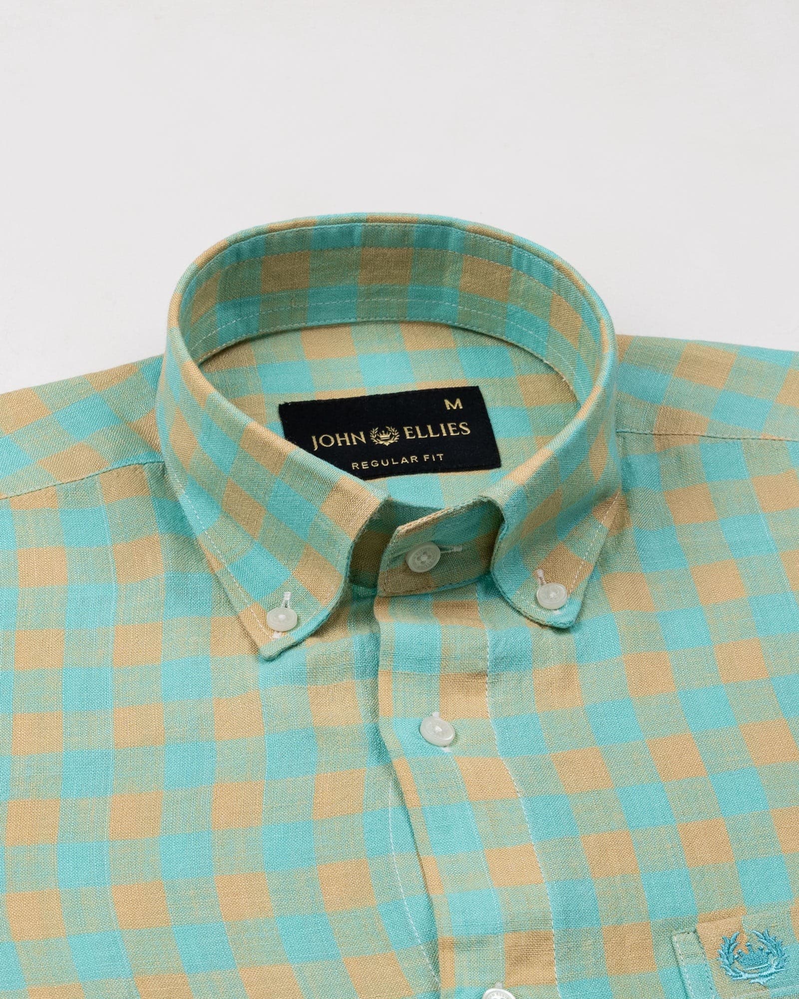 Qevan Lime With Gold Check Button Down Linen Shirt