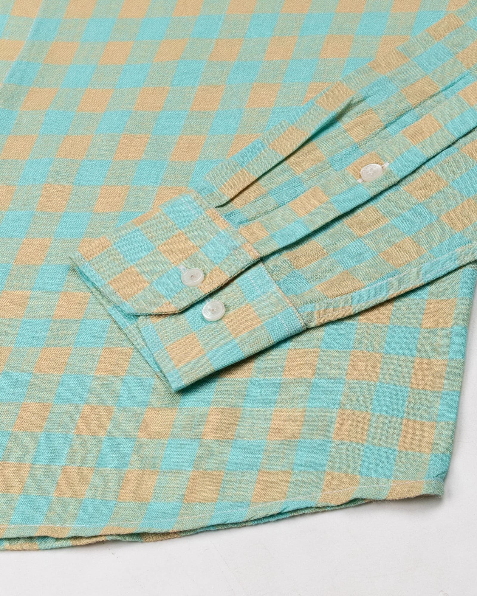 Qevan Lime With Gold Check Button Down Linen Shirt