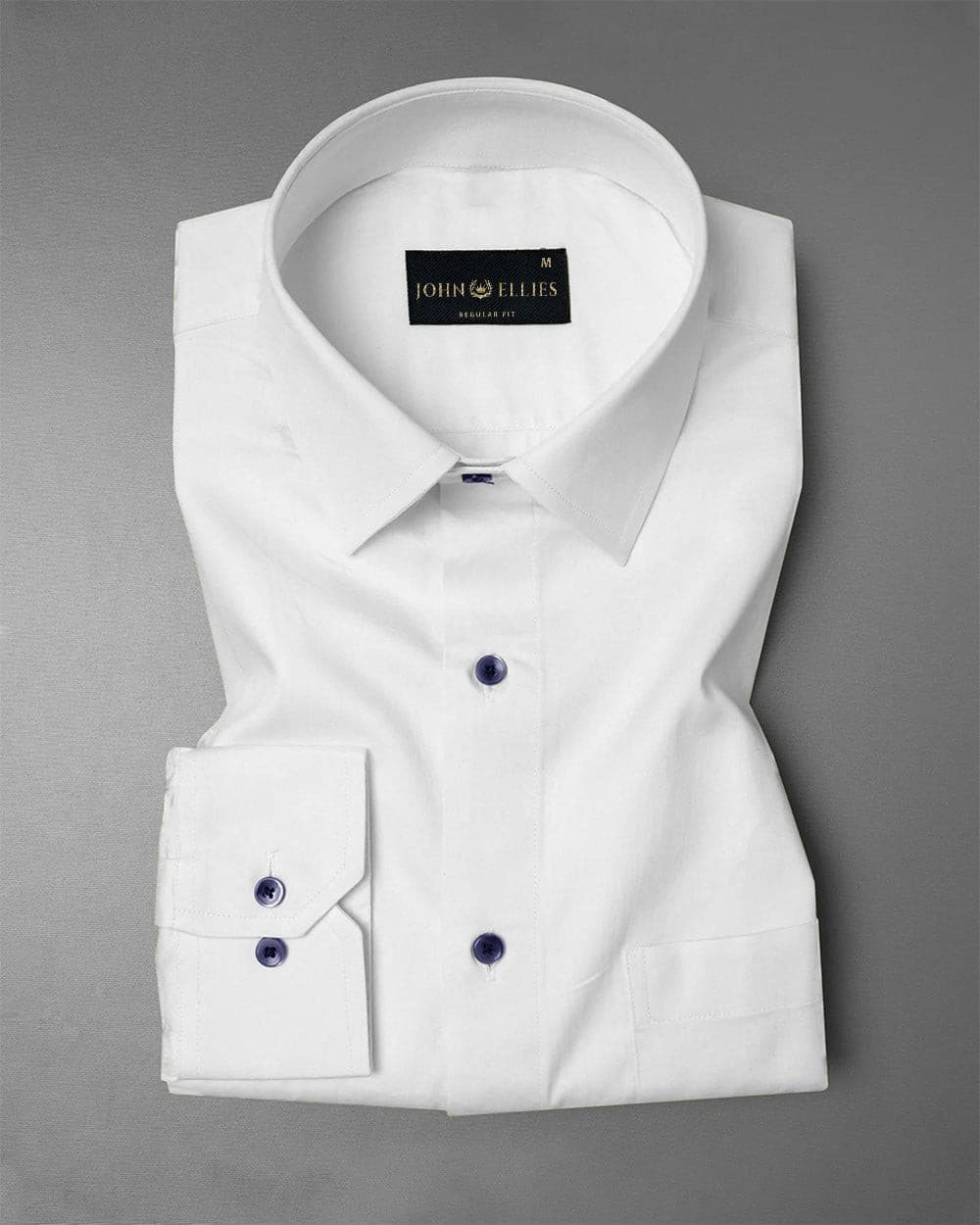 Bright White With Navy Button Premium Giza Cotton Shirt